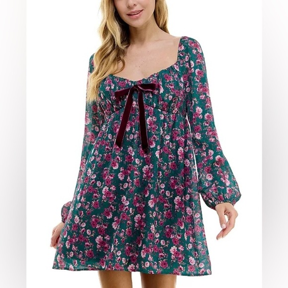 None Dresses & Skirts - Floral Long Sleeve Dress with Bow